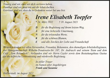 Traueranzeige von Irene Elisabeth Toepfer  von Magdeburger Volksstimme