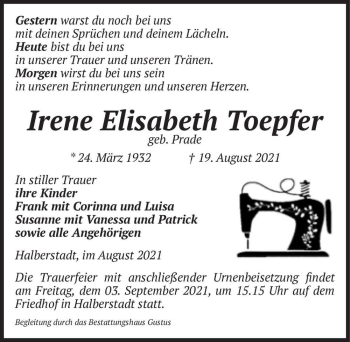 Traueranzeige von Irene Elisabeth Toepfer (geb. Prade)  von Magdeburger Volksstimme