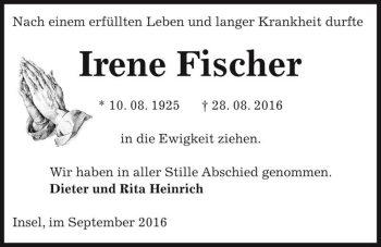 Traueranzeige von Irene Fischer  von Magdeburger Volksstimme