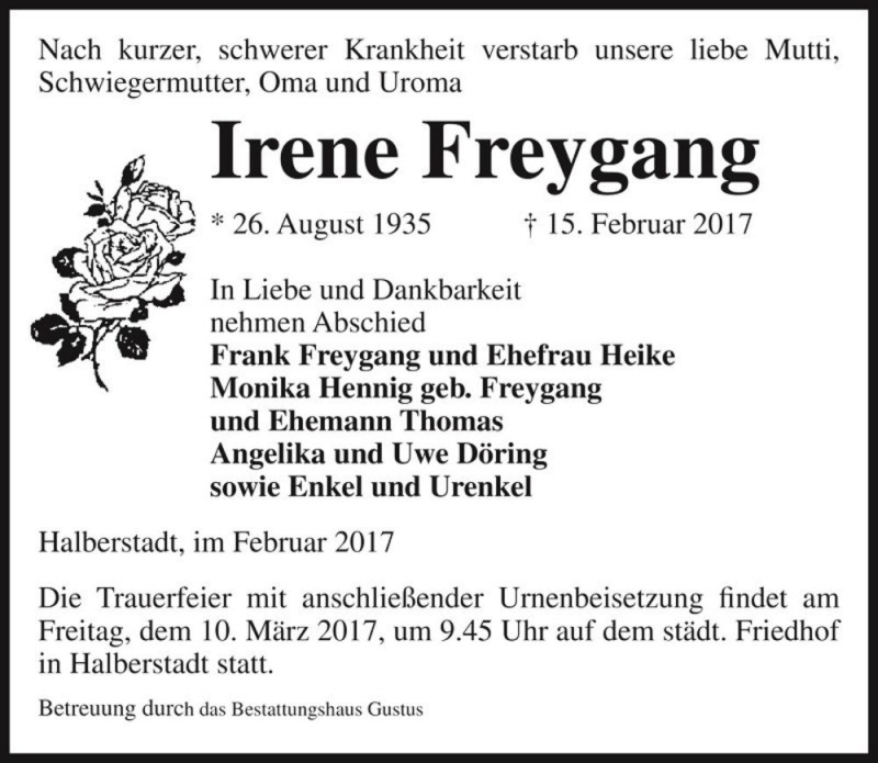  Traueranzeige für Irene Freygang  vom 18.02.2017 aus Magdeburger Volksstimme