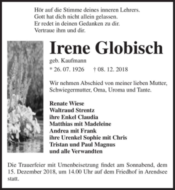 Traueranzeige von Irene Globisch (geb. Kaufmann)  von Magdeburger Volksstimme