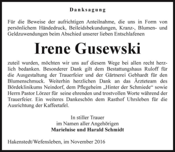 Traueranzeige von Irene Gusewski  von Magdeburger Volksstimme
