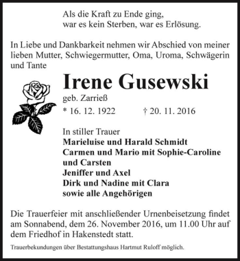 Traueranzeige von Irene Gusewski (geb. Zarrieß)  von Magdeburger Volksstimme