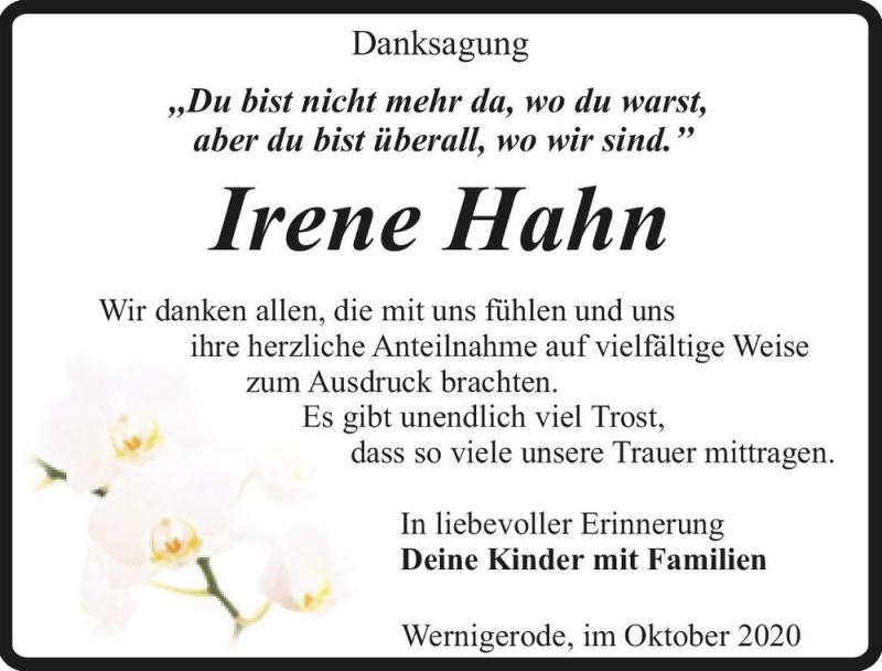  Traueranzeige für Irene Hahn  vom 30.10.2020 aus Magdeburger Volksstimme