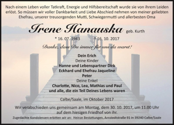 Traueranzeige von Irene Hanauska (geb. Kurth)  von Magdeburger Volksstimme