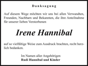 Traueranzeige von Irene Hannibal  von Magdeburger Volksstimme