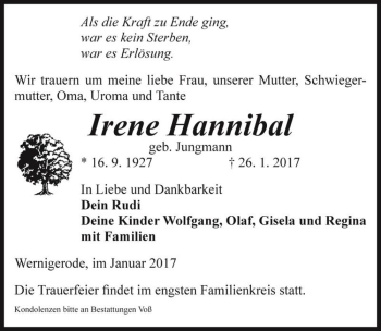 Traueranzeige von Irene Hannibal (geb. Jungmann)  von Magdeburger Volksstimme