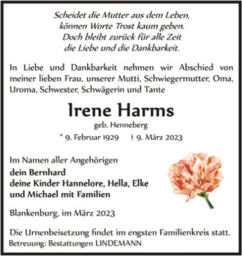 Traueranzeige von Irene Harms von Magdeburger Volksstimme