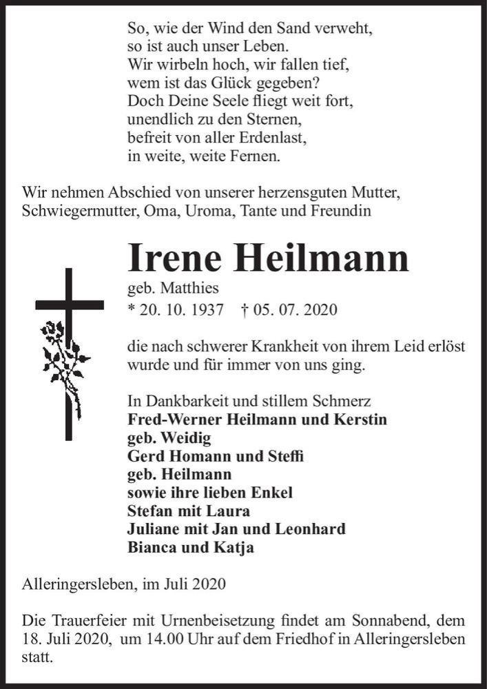  Traueranzeige für Irene Heilmann (geb. Matthies)  vom 11.07.2020 aus Magdeburger Volksstimme