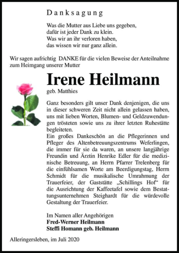 Traueranzeige von Irene Heilmann (geb. Matthies)  von Magdeburger Volksstimme