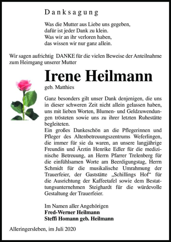  Traueranzeige für Irene Heilmann (geb. Matthies)  vom 25.07.2020 aus Magdeburger Volksstimme