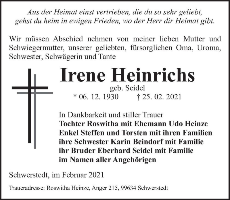  Traueranzeige für Irene Heinrichs (geb. Seidel)  vom 06.03.2021 aus Magdeburger Volksstimme