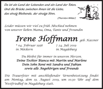Traueranzeige von Irene Hoffmann (geb. Kassner)  von Magdeburger Volksstimme