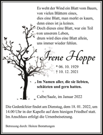 Traueranzeige von Irene Hoppe  von Magdeburger Volksstimme