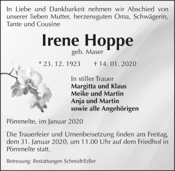 Traueranzeige von Irene Hoppe (geb. Maser)  von Magdeburger Volksstimme