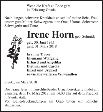 Traueranzeige von Irene Horn (geb. Schmidt)  von Magdeburger Volksstimme