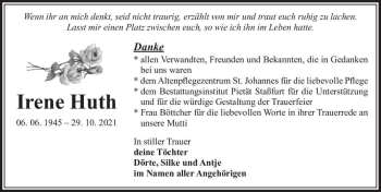 Traueranzeige von Irene Huth  von Magdeburger Volksstimme