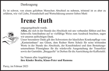 Traueranzeige von Irene Huth  von Magdeburger Volksstimme