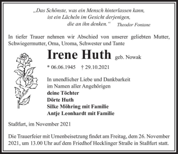 Traueranzeige von Irene Huth (geb. Nowak)  von Magdeburger Volksstimme
