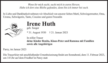 Traueranzeige von Irene Huth (geb. Seeger)  von Magdeburger Volksstimme