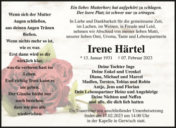 Traueranzeige von Irene Härtel  von Magdeburger Volksstimme