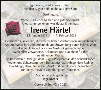 Traueranzeige von Irene Härtel  von Magdeburger Volksstimme