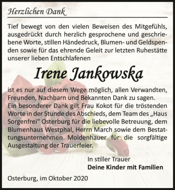 Traueranzeige von Irene Jankowska  von Magdeburger Volksstimme