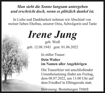 Traueranzeige von Irene Jung (geb. Weiß)  von Magdeburger Volksstimme