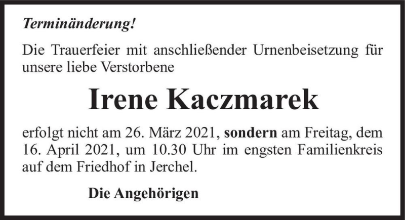  Traueranzeige für Irene Kaczmarek  vom 18.03.2021 aus Magdeburger Volksstimme