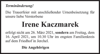 Traueranzeige von Irene Kaczmarek  von Magdeburger Volksstimme