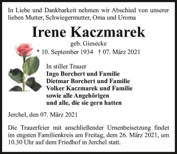 Traueranzeige von Irene Kaczmarek (geb. Giesecke)  von Magdeburger Volksstimme