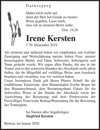 Traueranzeige von Irene Kersten  von Magdeburger Volksstimme
