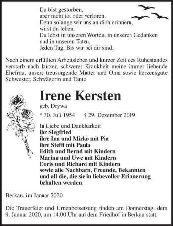 Traueranzeige von Irene Kersten (geb. Drywa)  von Magdeburger Volksstimme