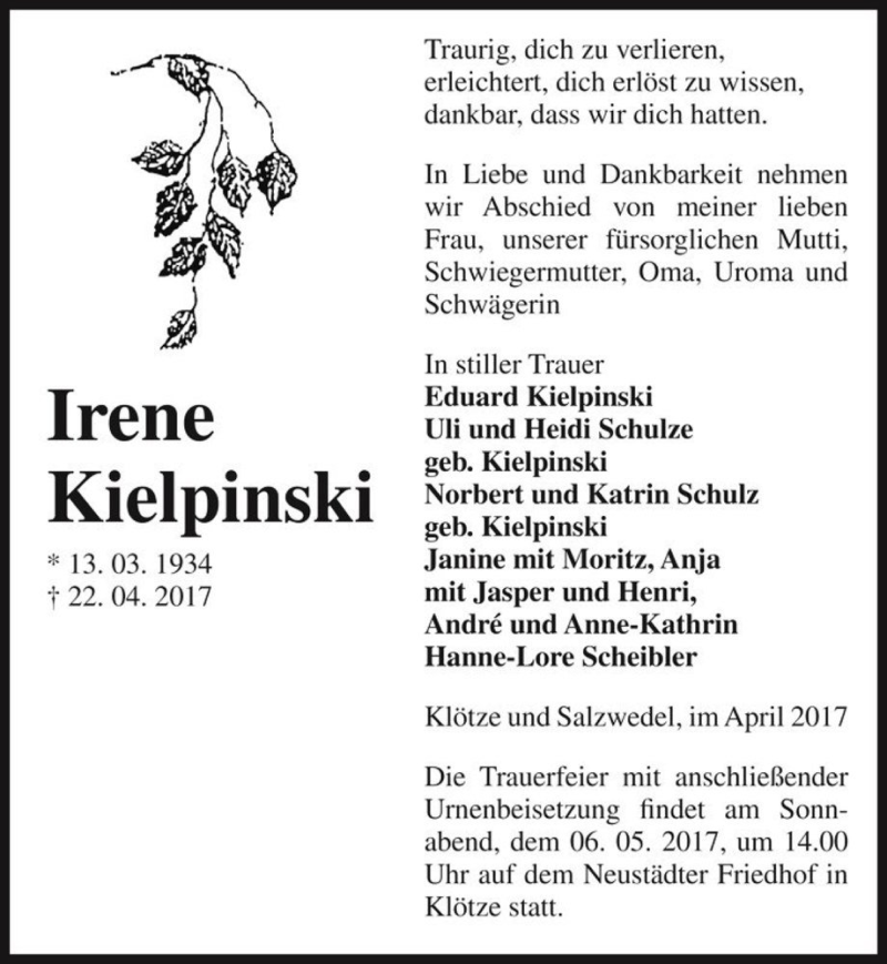 Traueranzeige für Irene Kielpinski  vom 25.04.2017 aus Magdeburger Volksstimme