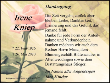 Traueranzeige von Irene Kniep  von Magdeburger Volksstimme