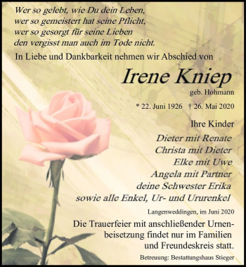 Traueranzeige von Irene Kniep (geb. Hohmann)  von Magdeburger Volksstimme