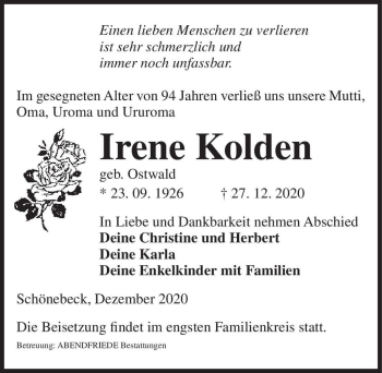 Traueranzeige von Irene Kolden (geb. Ostwald)  von Magdeburger Volksstimme
