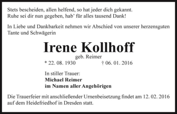 Traueranzeige von Irene Kollhoff (geb. Reimer)  von Magdeburger Volksstimme