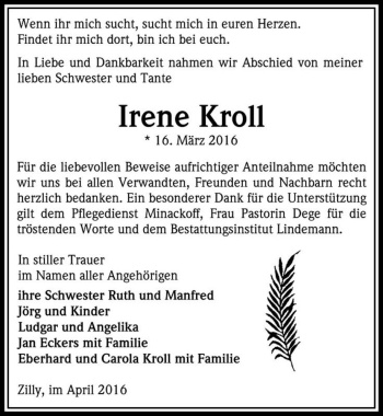 Traueranzeige von Irene Kroll  von Magdeburger Volksstimme