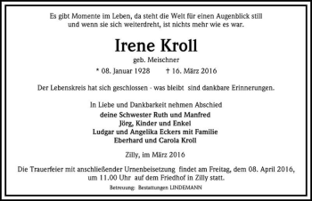 Traueranzeige von Irene Kroll (geb. Meischner)  von Magdeburger Volksstimme