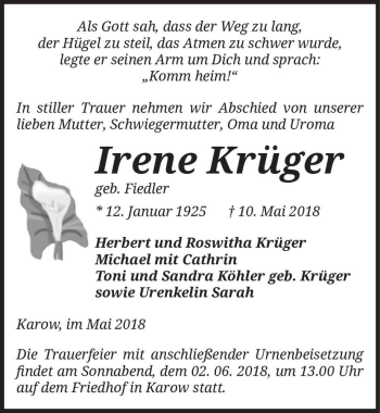 Traueranzeige von Irene Krüger (geb. Fiedler)  von Magdeburger Volksstimme