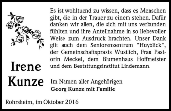Traueranzeige von Irene Kunze  von Magdeburger Volksstimme