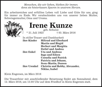 Traueranzeige von Irene Kunze (geb. Schulze)  von Magdeburger Volksstimme