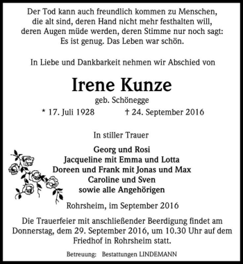 Traueranzeige von Irene Kunze (geb. Schönegge)  von Magdeburger Volksstimme