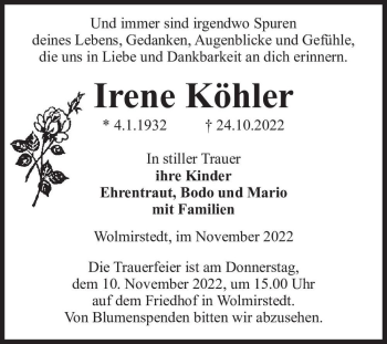 Traueranzeige von Irene Köhler  von Magdeburger Volksstimme