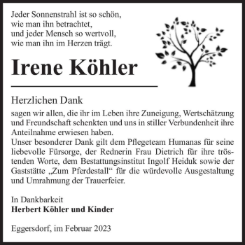 Traueranzeige von Irene Köhler  von Magdeburger Volksstimme