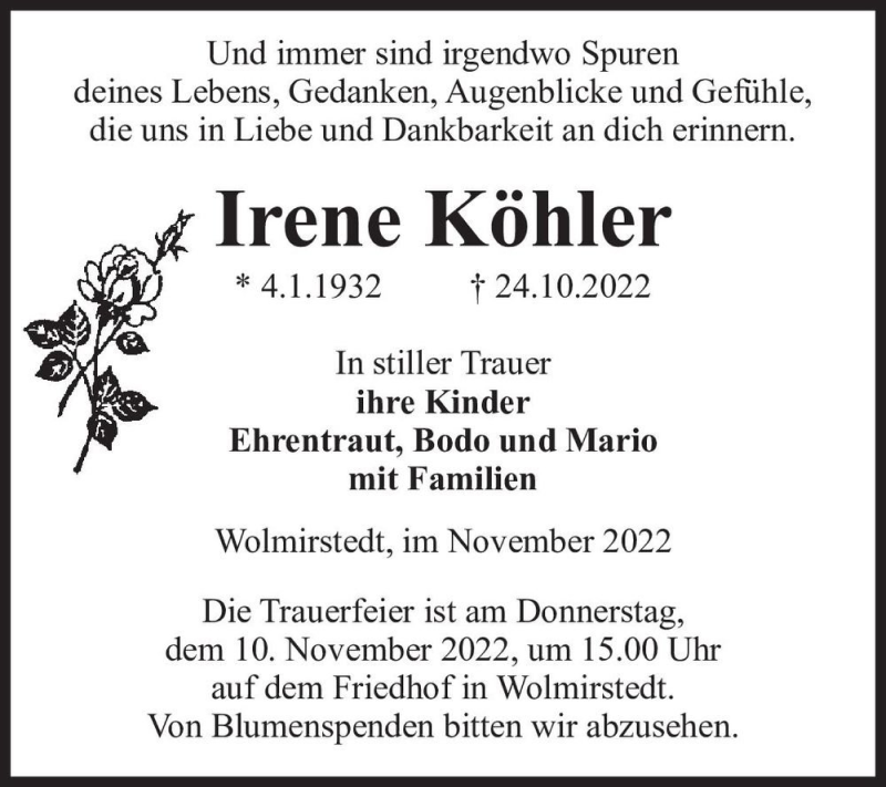  Traueranzeige für Irene Köhler  vom 05.11.2022 aus Magdeburger Volksstimme