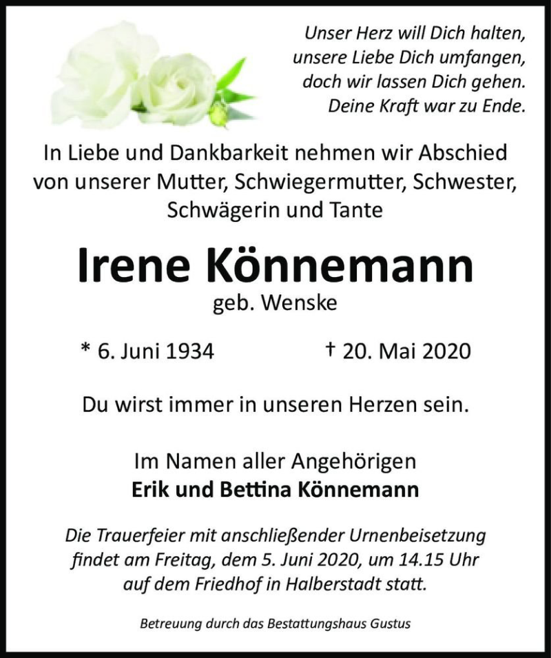  Traueranzeige für Irene Könnemann (geb. Wenske)  vom 30.05.2020 aus Magdeburger Volksstimme