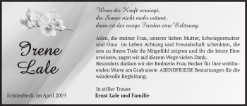 Traueranzeige von Irene Lale  von Magdeburger Volksstimme