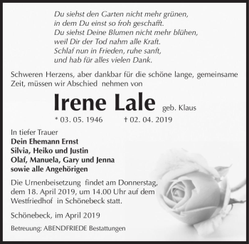 Traueranzeige von Irene Lale (geb. Klaus)  von Magdeburger Volksstimme